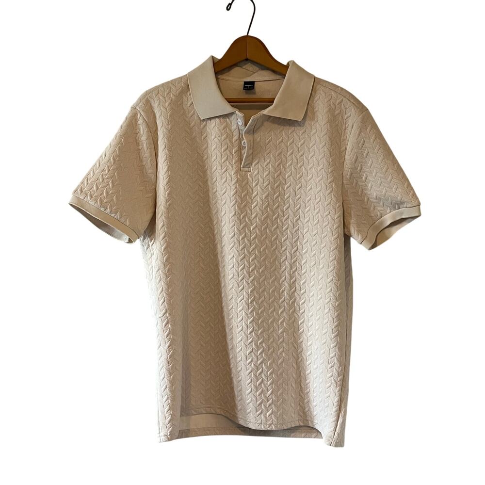 Men's Manfinity Cream Short Sleeve Collared Knit Patterned Thick Polo Size L